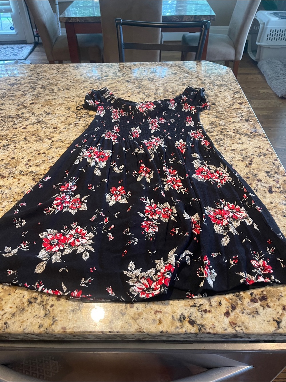 Ambiance Black Floral Off-Shoulder Mini Dress with Red and Cream Blooms